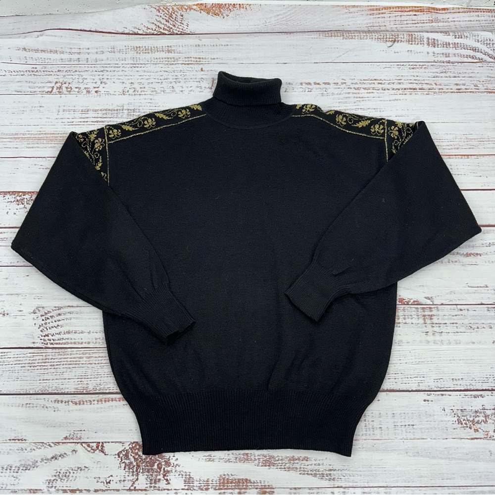 Vintage David Meister Large Wool Blend Black Metallic Gold Turtleneck Sweater - Picture 10 of 15